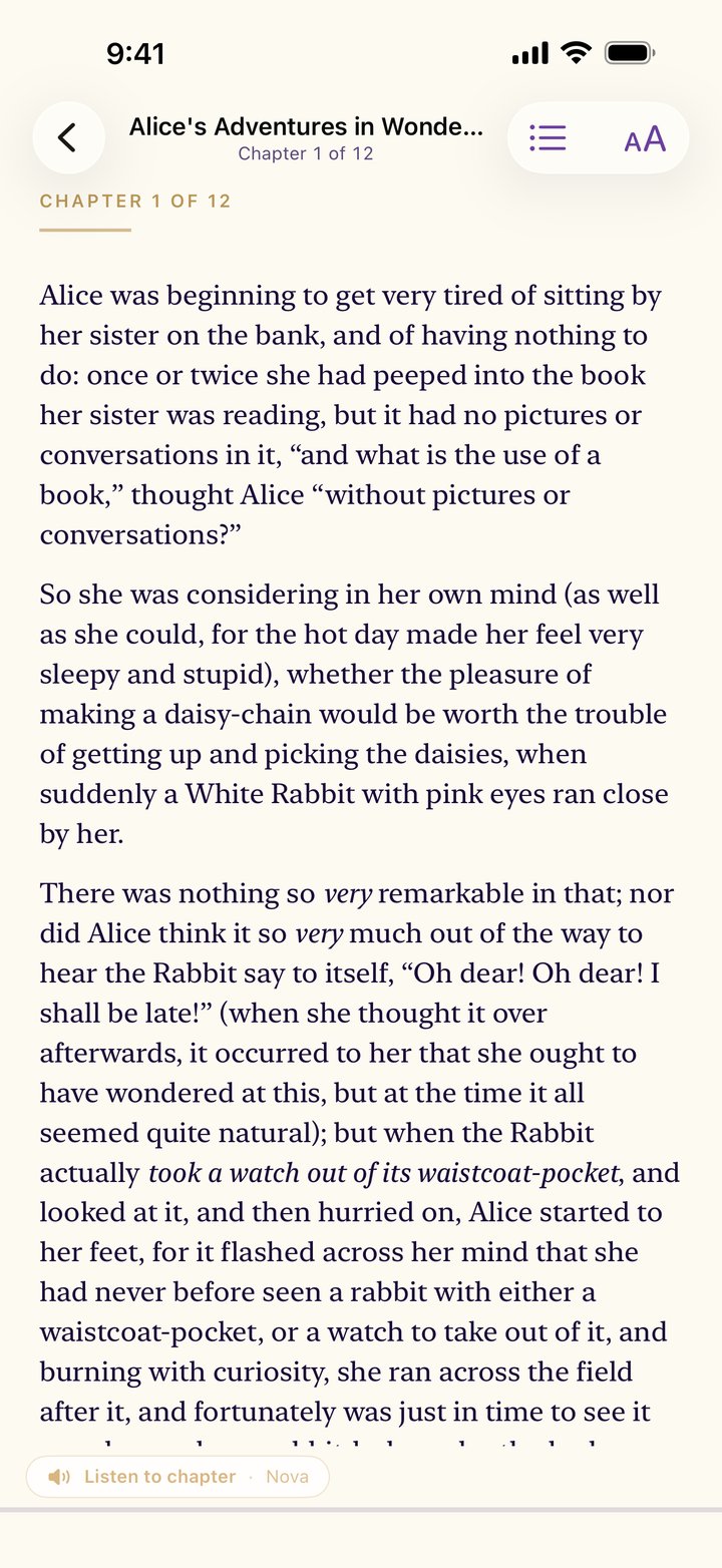 The reader — Alice in Wonderland open to Chapter 1 in a clean, minimal reading view with chapter narration