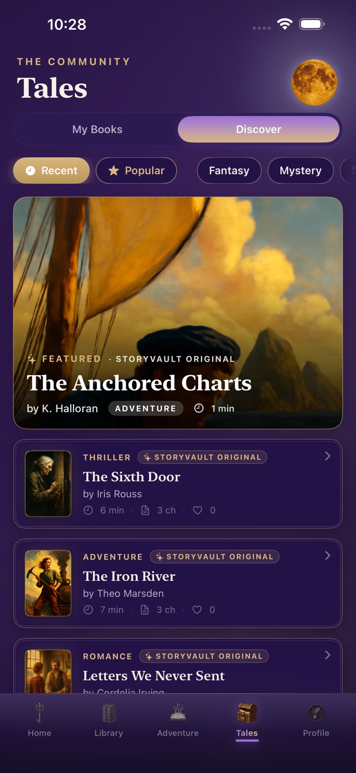 Tales in dark mode — community Discover feed with featured StoryVault Originals like The Anchored Charts