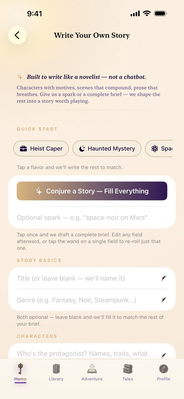 Write Your Own Story composer in light mode — quick-start flavors and Conjure a Story