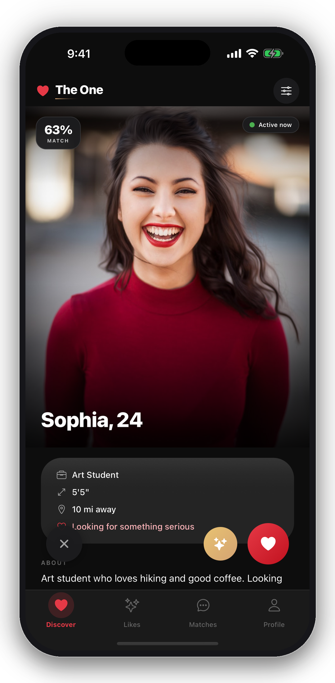 The One app — Discover screen: choose your next connection from real, quality-matched profiles