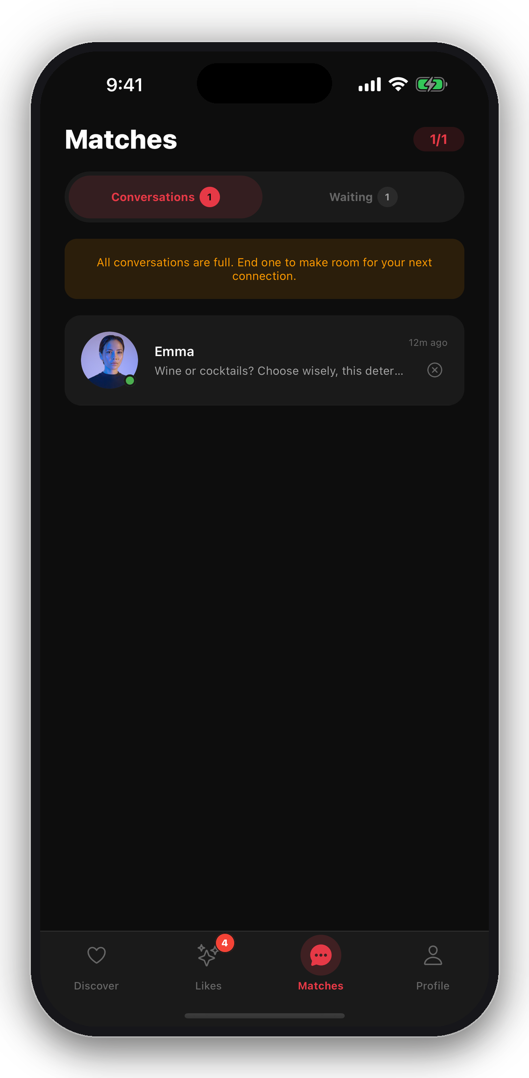 The One app — Matches: one conversation at a time, so every match gets your full attention