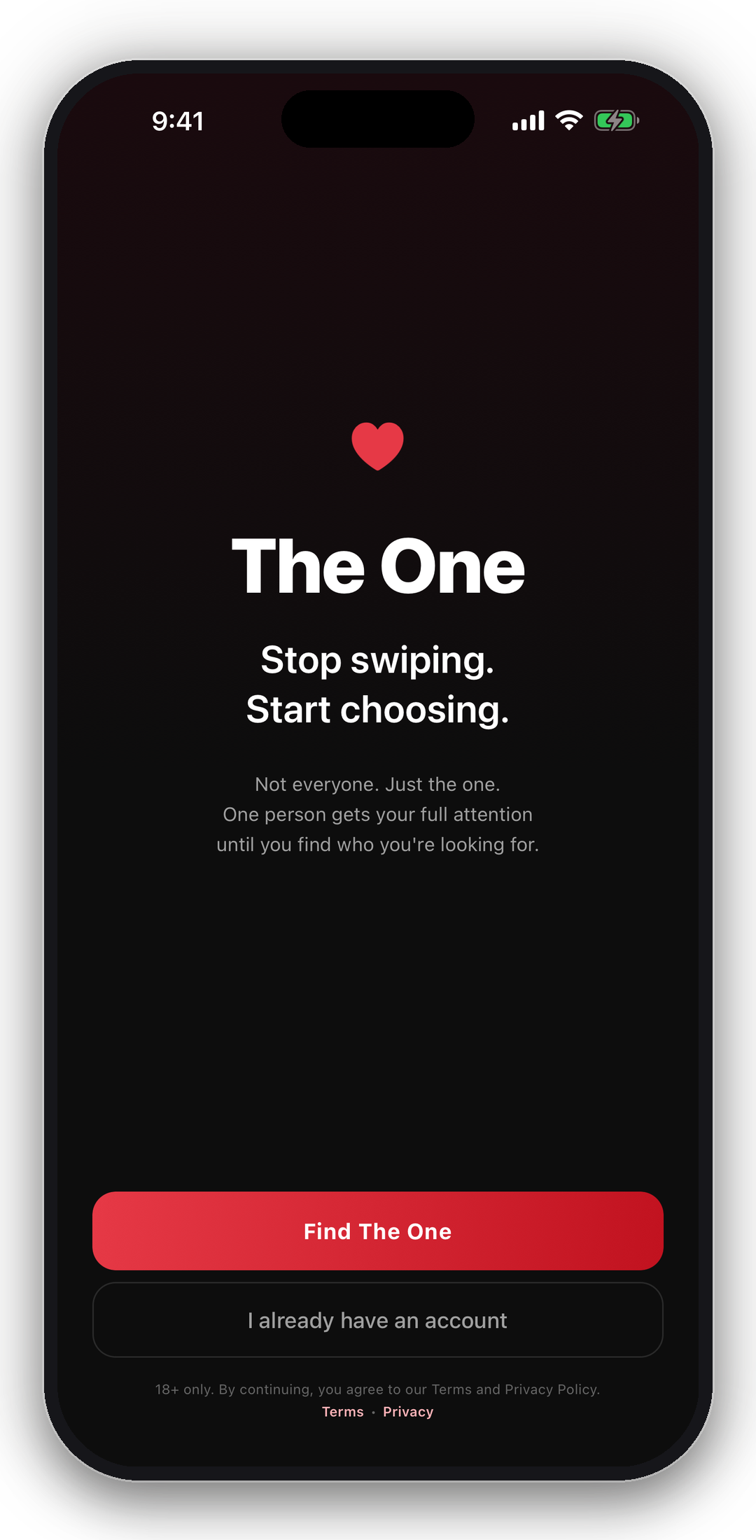 The One welcome screen — stop swiping, start choosing