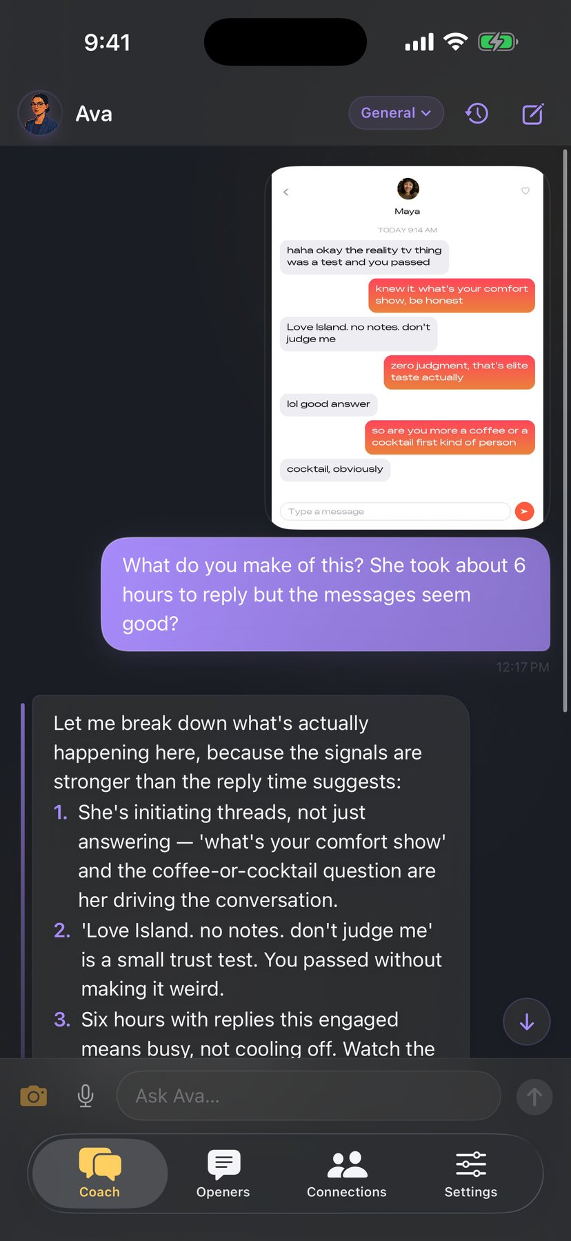 Drop a screenshot of the conversation and Ava breaks down the signals — who's driving the thread and what the reply gap really means.