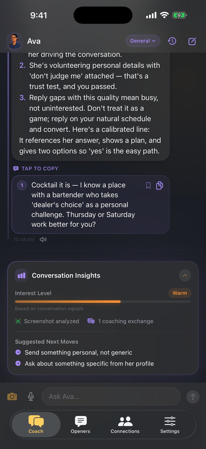 Ava analyzes a shared screenshot — interest level, next moves, and a calibrated line to send