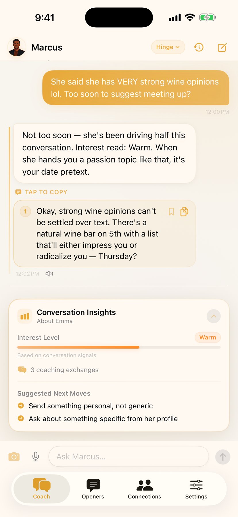 Coach chat with Marcus in light mode