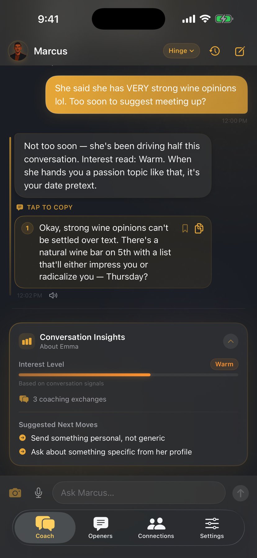 Wingmate chat — Marcus reads the Hinge thread with Emma and hands you a ready-to-send reply with a Warm interest-level read.
