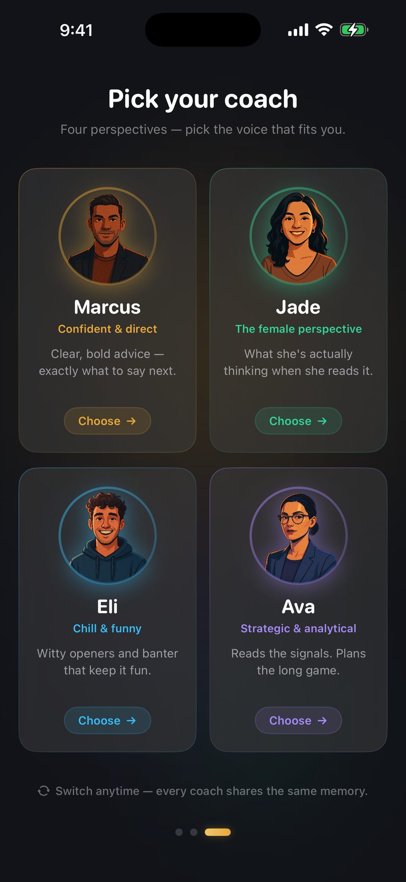 Four coaches — Marcus, Jade, Eli, and Ava — each with a different perspective on your situation.