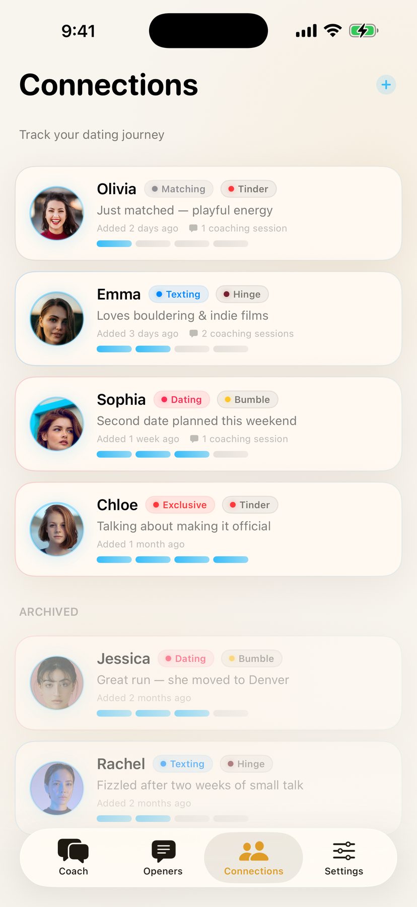 The Connections list — Olivia, Emma, Sophia, and Chloe with platform badges and stages from Matching to Exclusive, plus archived connections Jessica and Rachel faded at the bottom