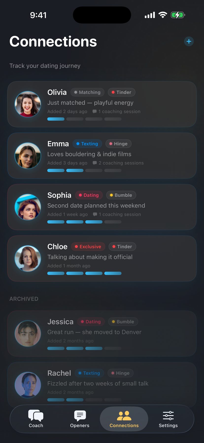 Connections — track everyone you're talking to, from matching to exclusive, with an archived section for the ones that ran their course.