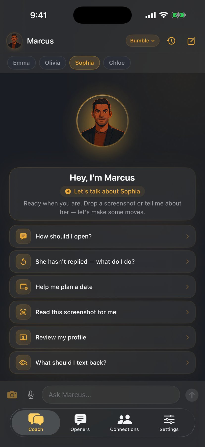 Coach home scoped to Sophia on Bumble in dark mode — quick actions like plan a date, read a screenshot, and what should I text back