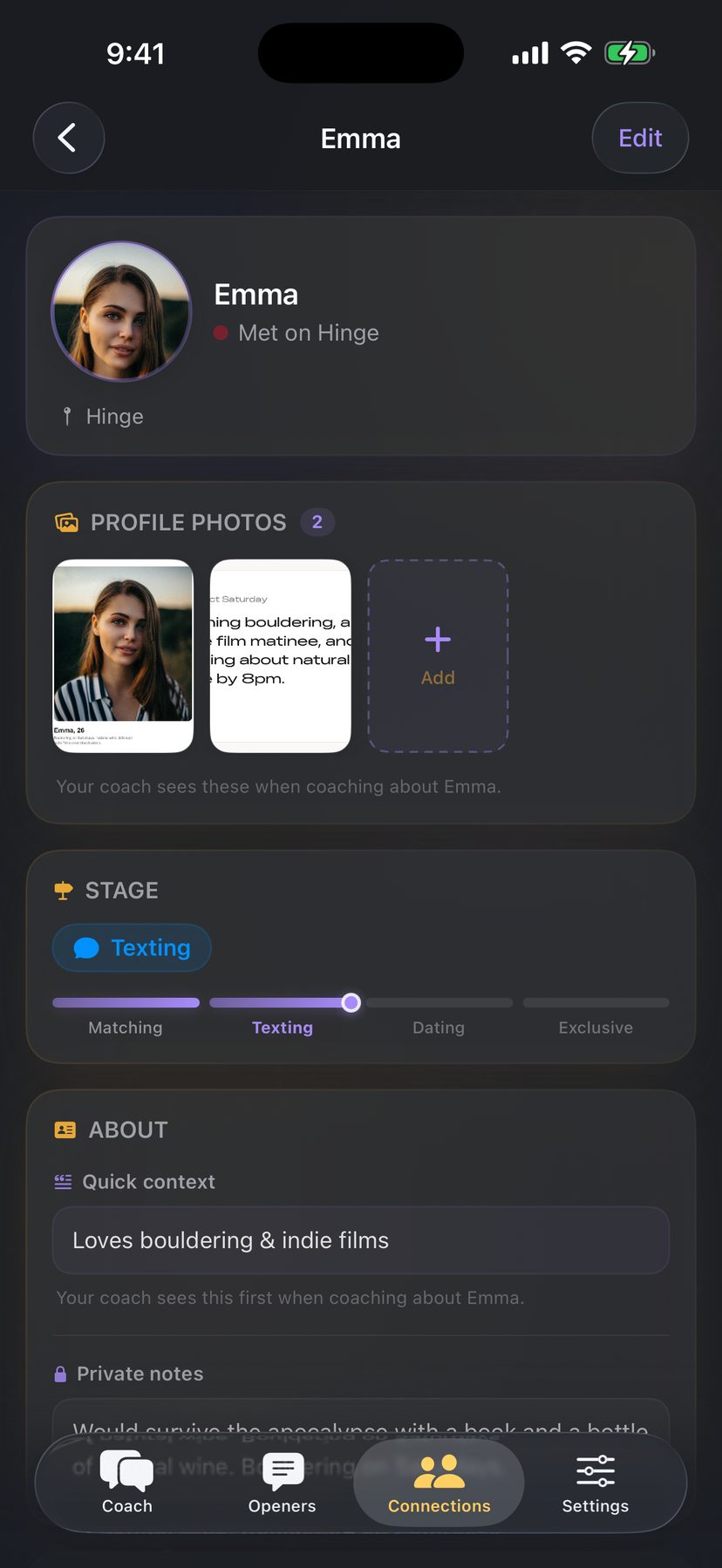 Emma's connection profile — Hinge, photo gallery of her profile screenshots, Texting stage, quick context, and private notes