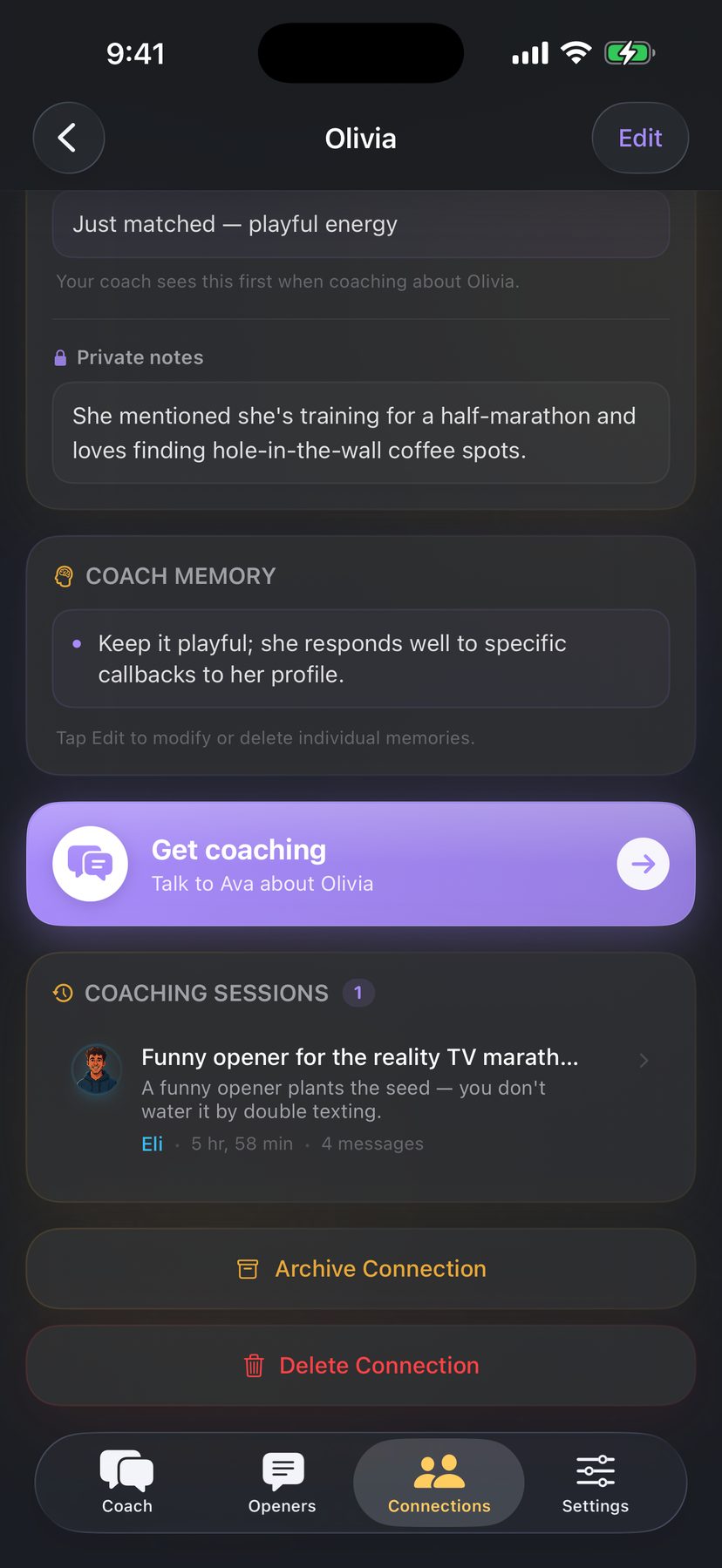 Coach memory and coaching sessions on a connection — private notes, what the coach remembers, and past sessions in one place