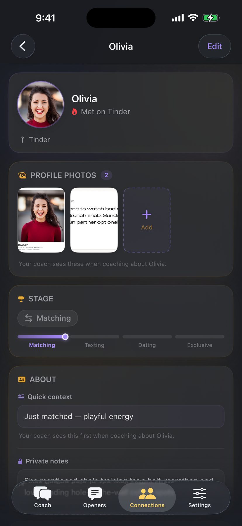 A connection profile — photo gallery of her dating-profile screenshots, stage tracker, and quick context
