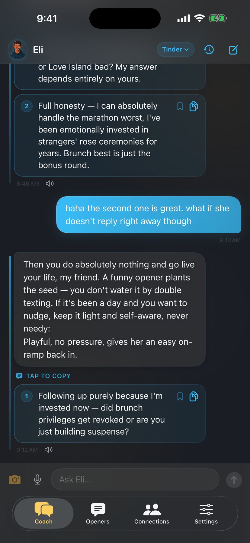 Eli gives playful openers off her bio and advises against double-texting