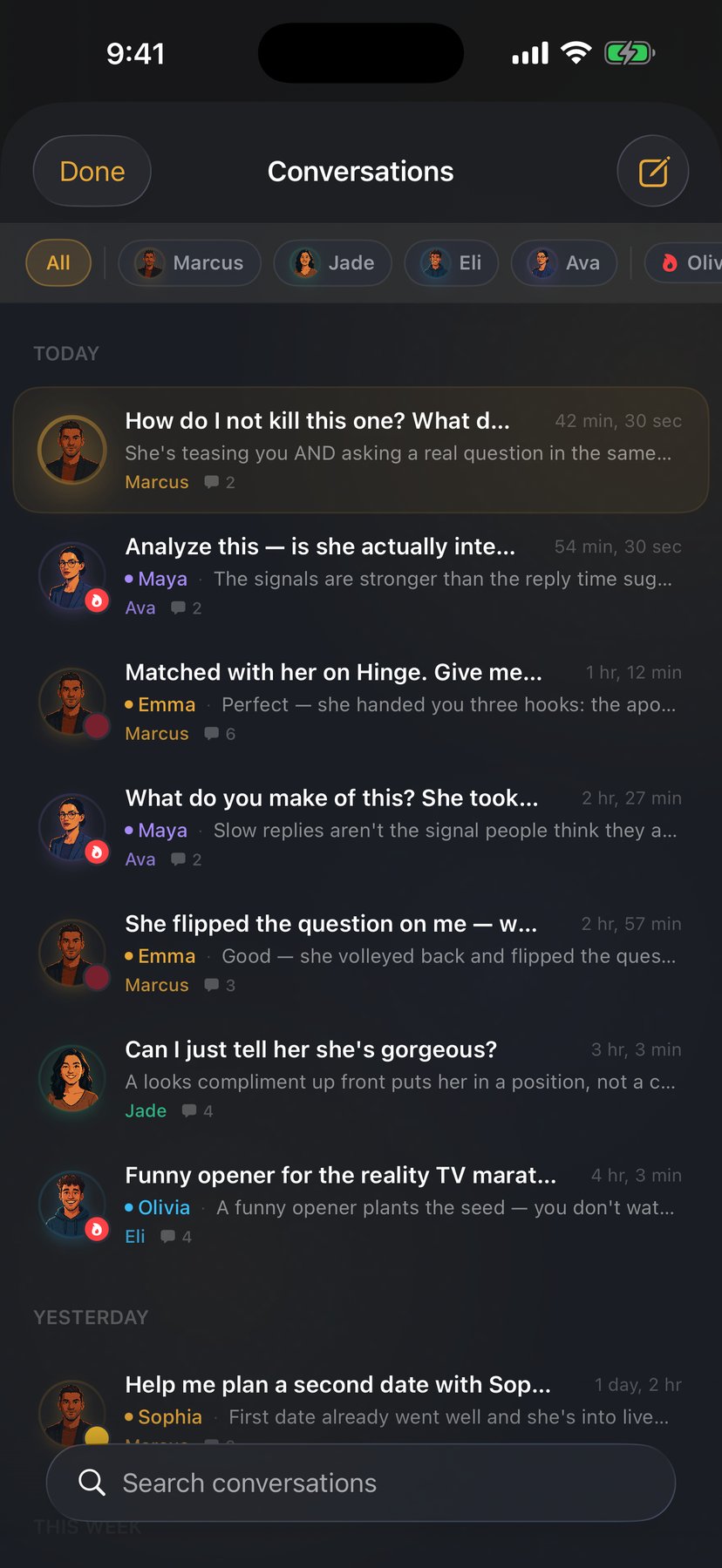 Conversation history across all four coaches in dark mode
