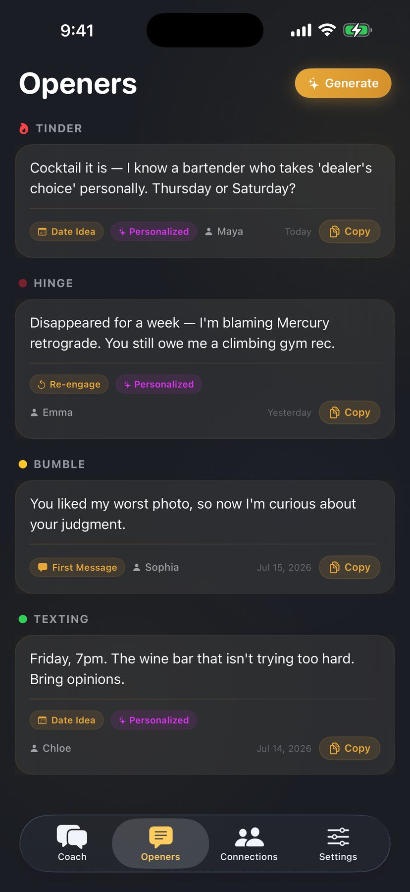 Opener vault — saved lines across Tinder, Hinge, Bumble, and Texting, tagged First Message, Re-engage, and Date Idea, each personalized to a connection