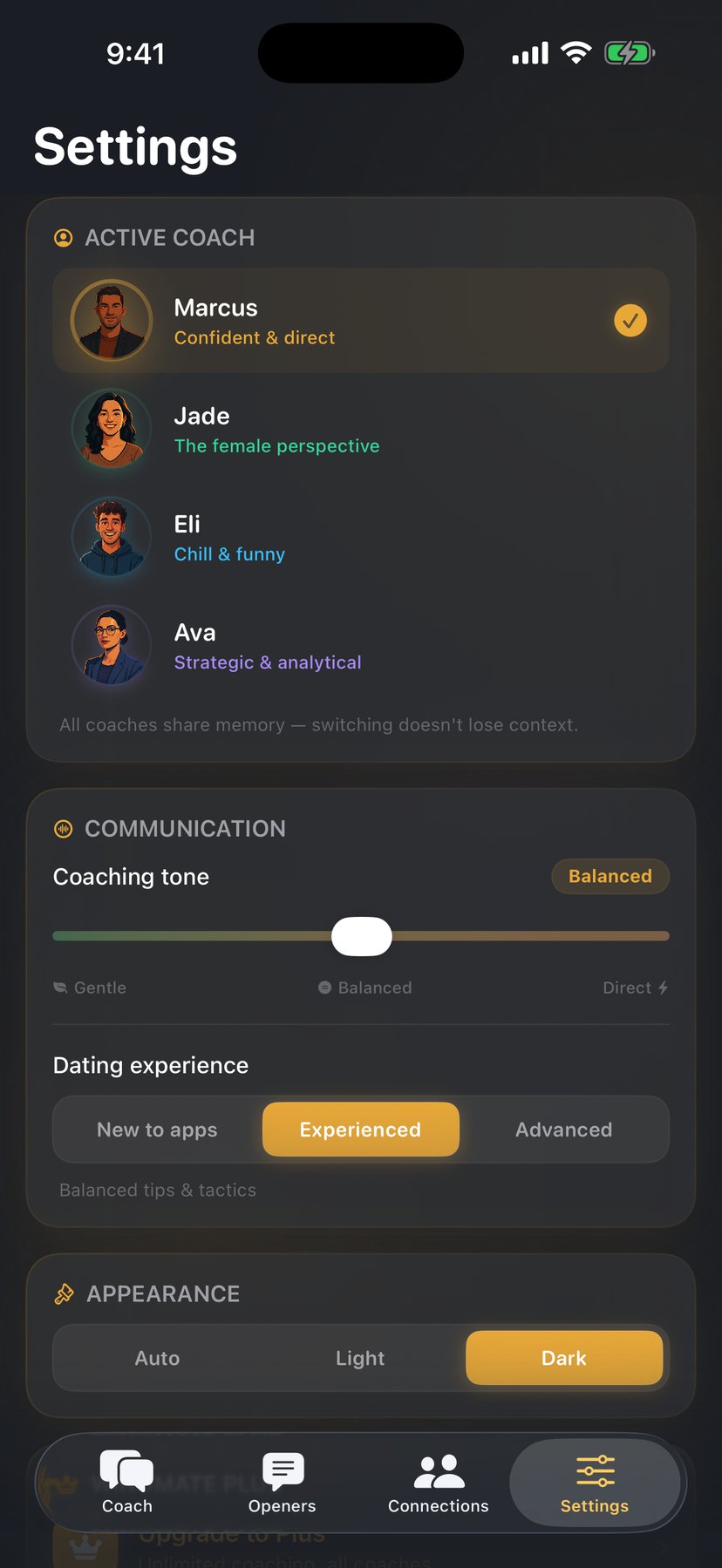 Settings — switch active coach, adjust coaching tone between Gentle and Direct, and set dating experience level.